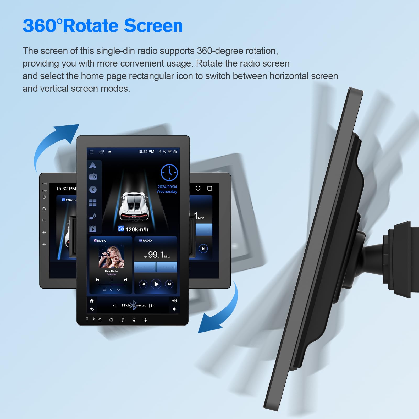 Haudio display in portrait mode showing split-screen navigation and media convenience