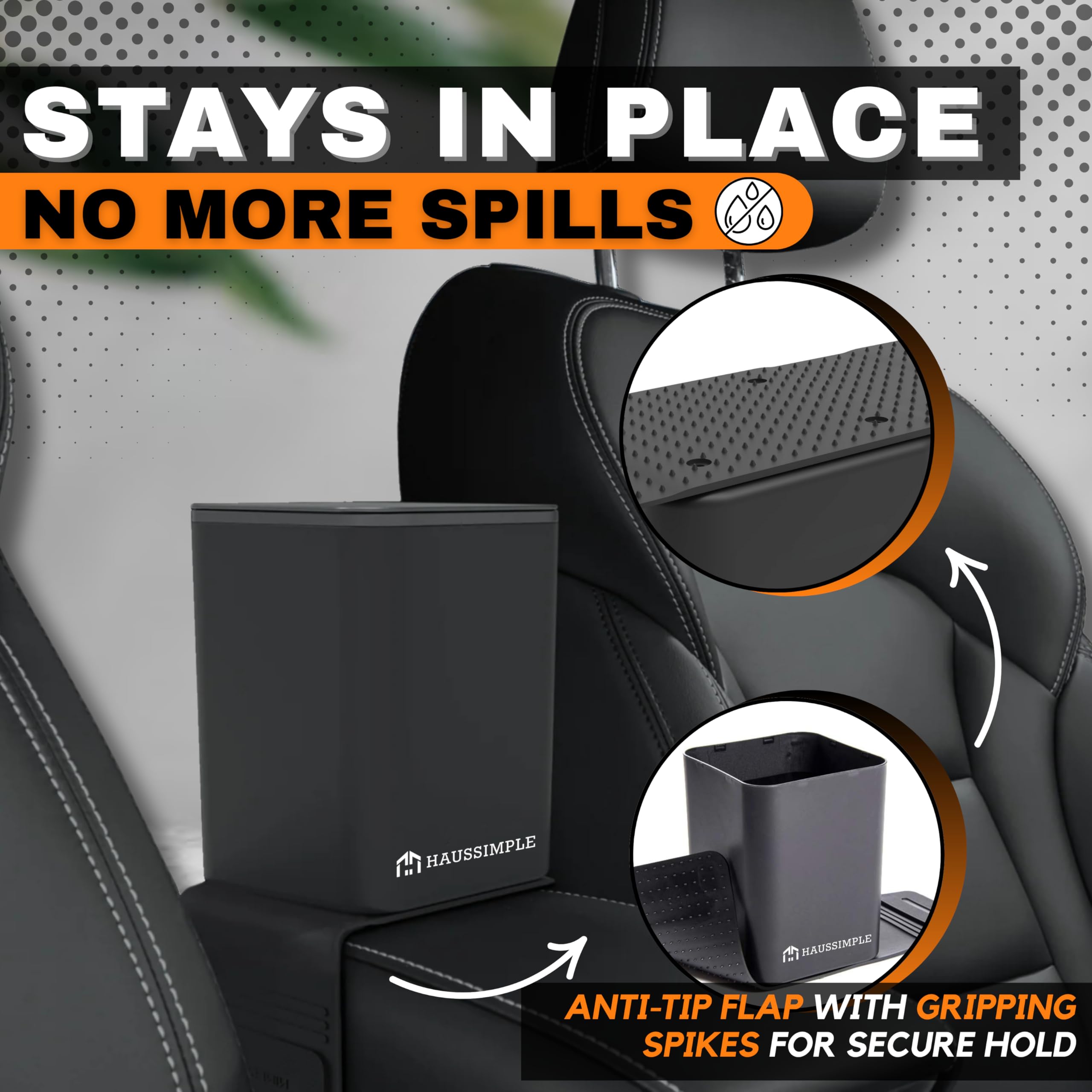 HAUSSIMPLE Car Trash Can on fabric mat shows secure attachment for clutter-free rides.