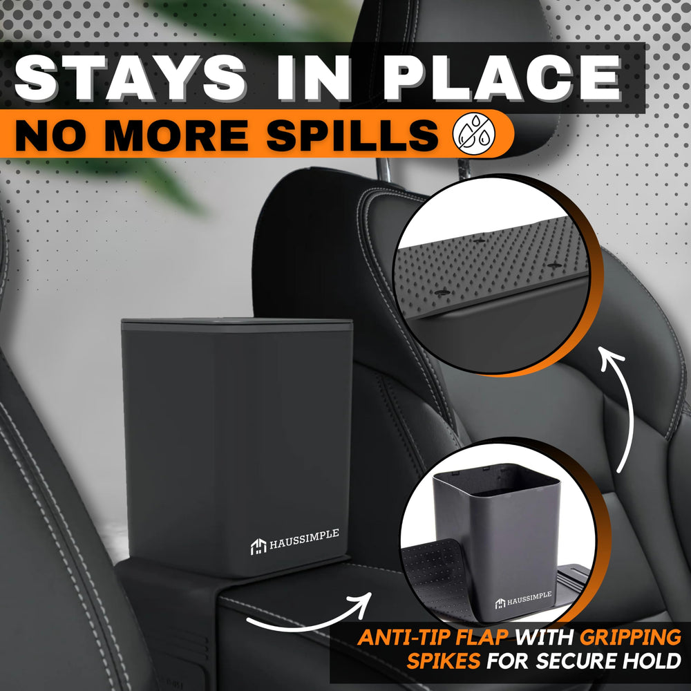 HAUSSIMPLE Car Trash Can on fabric mat shows secure attachment for clutter-free rides.