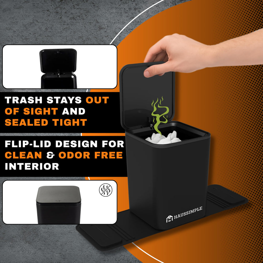 HAUSSIMPLE Car Trash Can on rubber mat with clips stays fixed on rough roads.