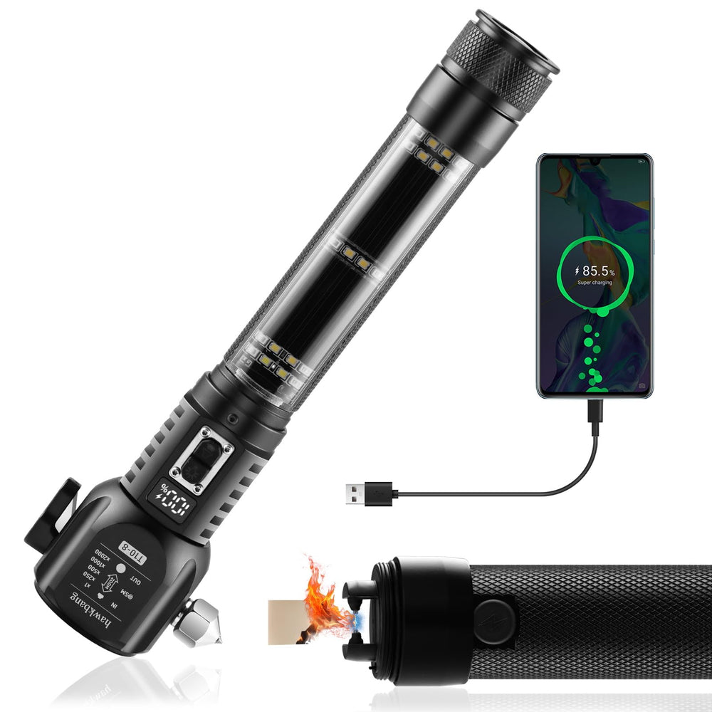 Hawkbang 18in1 emergency tool with glass breaker for rapid escape.