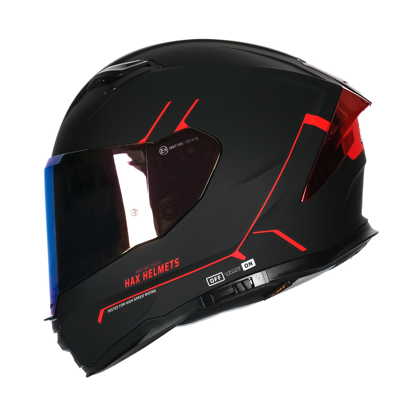 HAX Force full-face helmet, front view, matte black-red finish demonstrates aerodynamic efficiency.