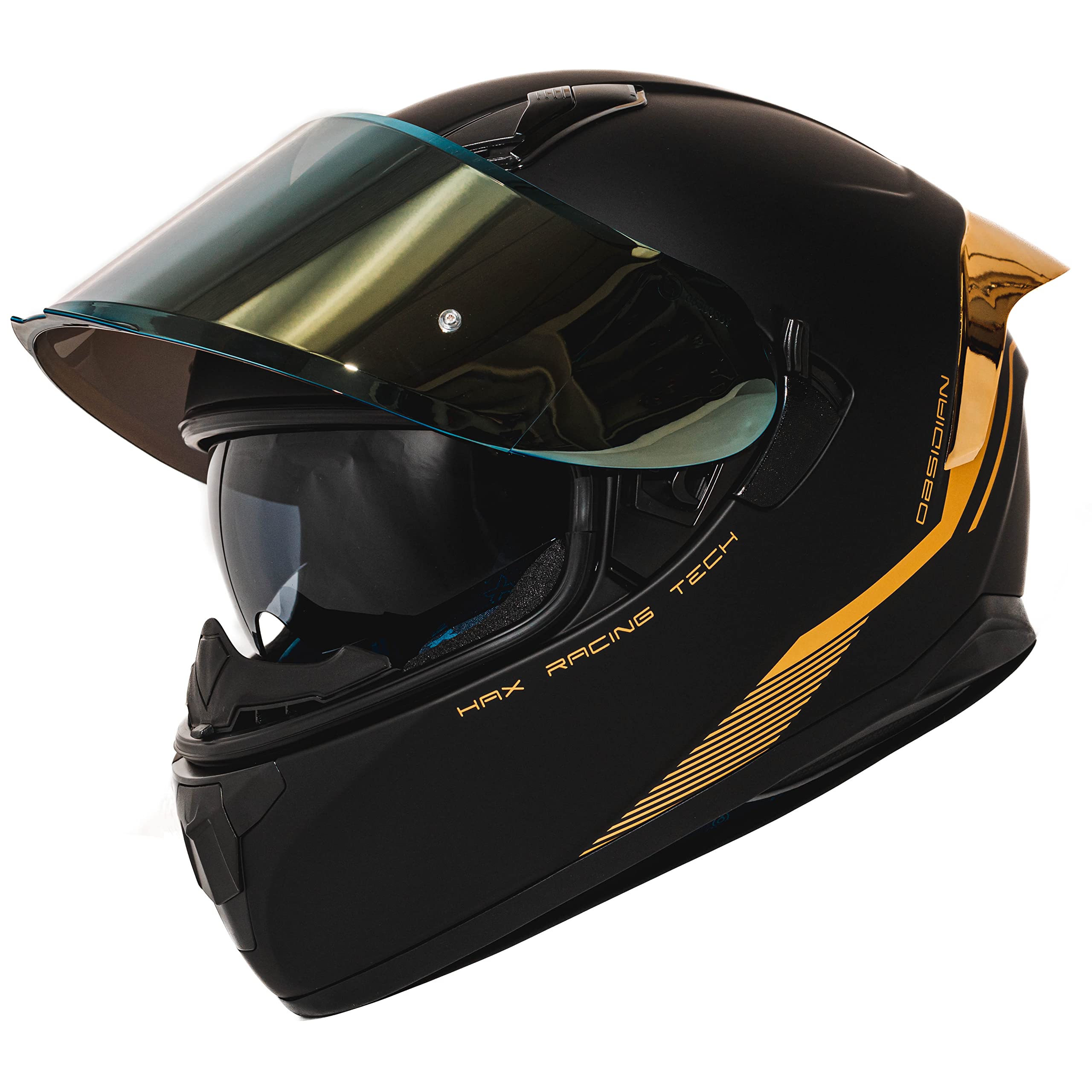 HAX Obsidian full-face dual visor helmet side profile showing aerodynamic shell.