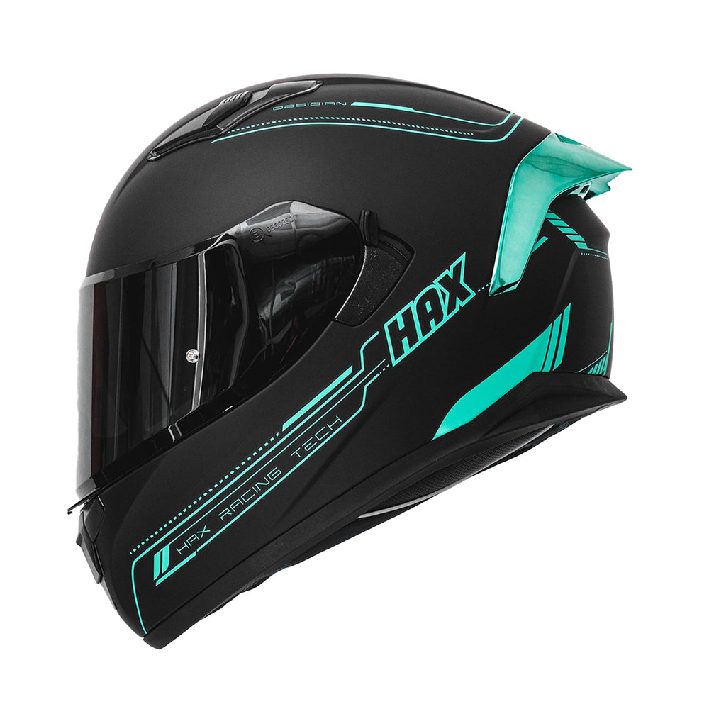 HAX Obsidian full-face helmet front view shows aerodynamic profile for quiet rides.