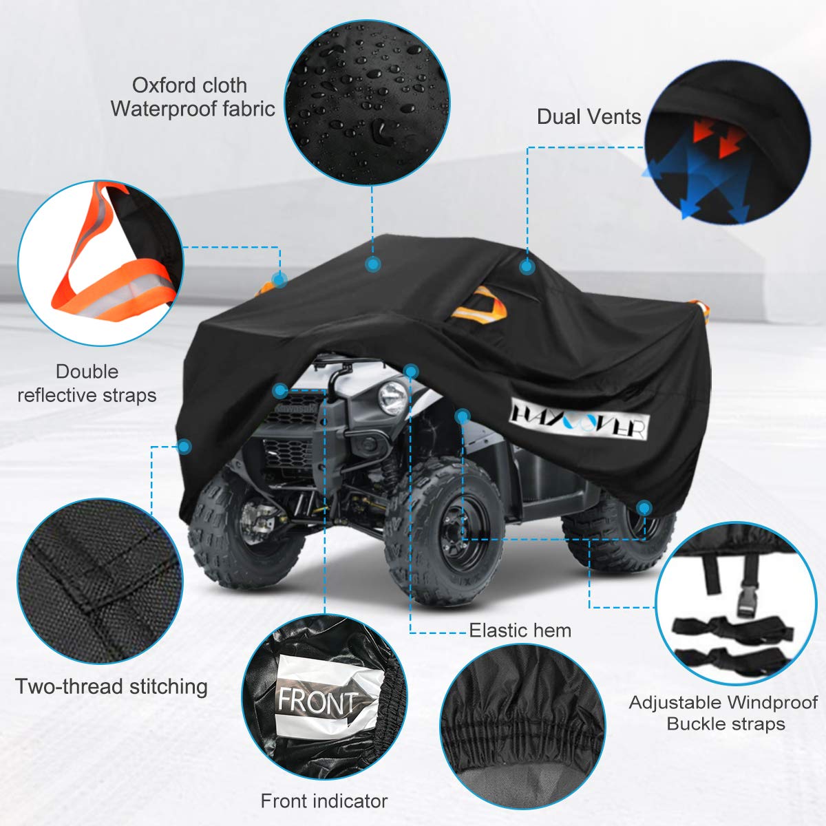 HAYCOVER cover with windproof straps securing a quad in gusty conditions