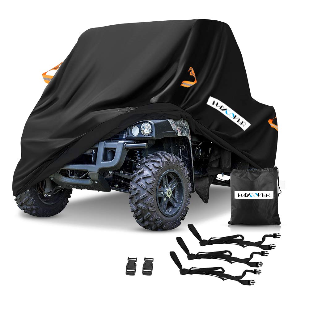 HAYCOVER UTV cover in waterproof heavy-denier Oxford cloth protecting a Polaris from rain.