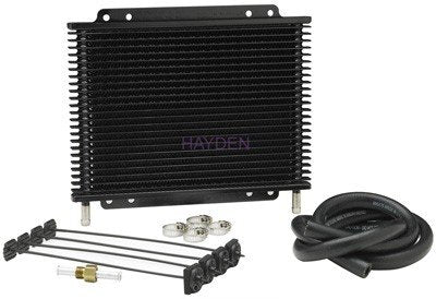 Hayden Automotive 678 rapid-cool installed under vehicle demonstrating secure hose fittings.