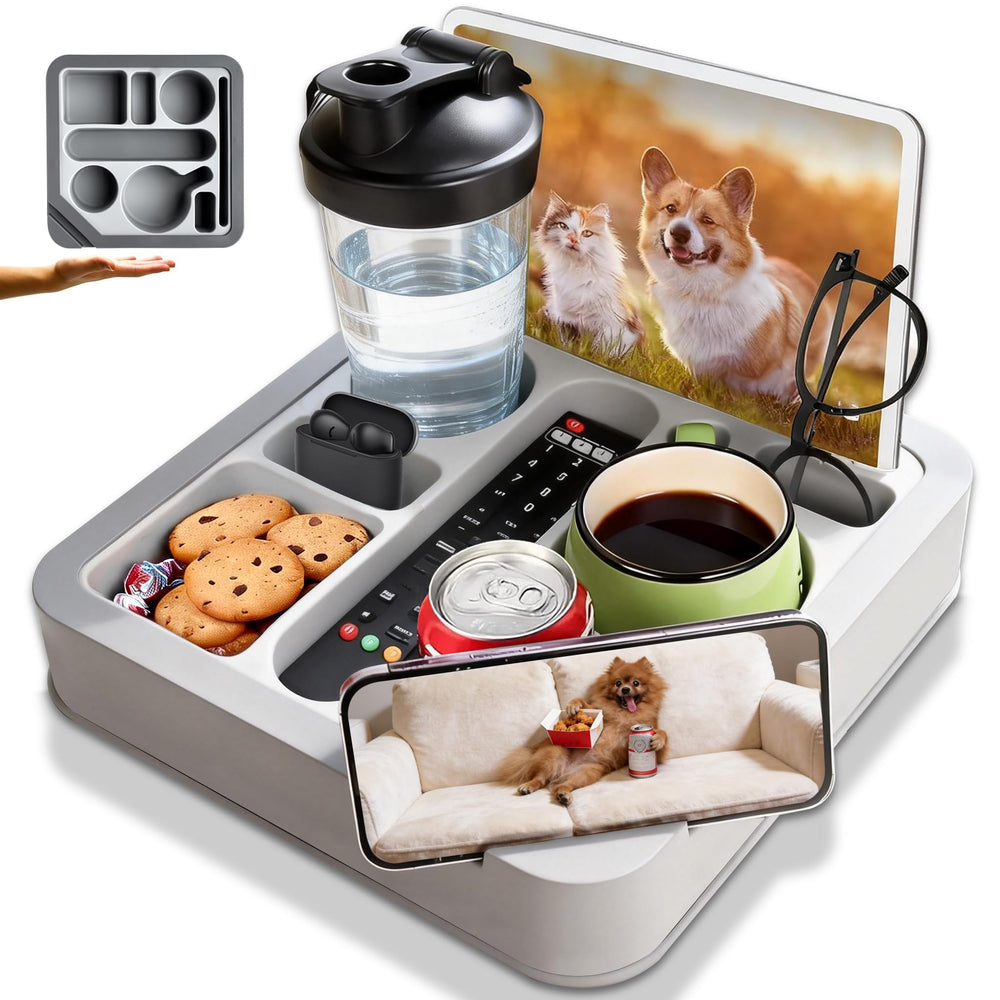 Heavyrain couch remote holder caddy on sofa arm for organized essentials.