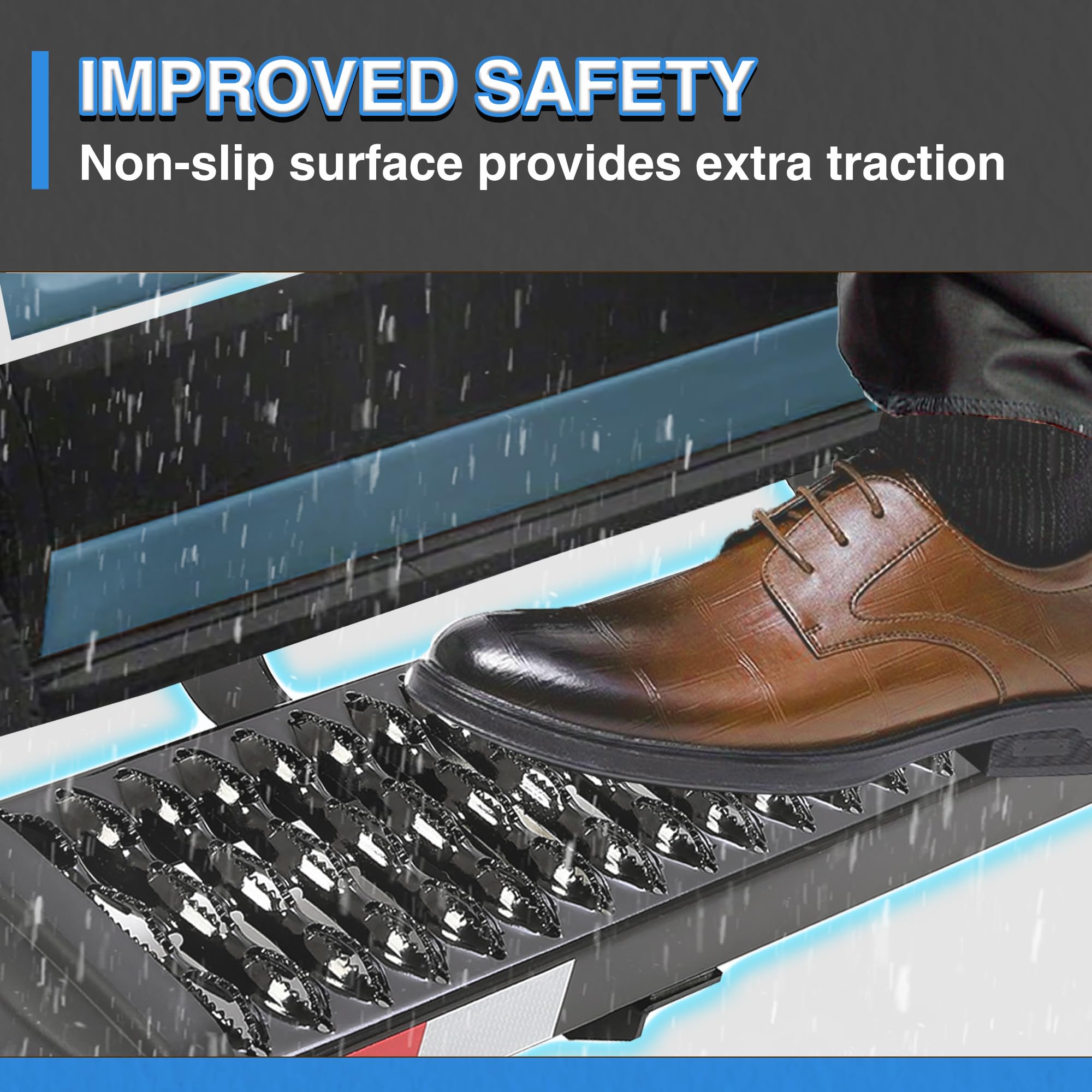 HECASA Grip Step non-slip surface enhances traction in wet conditions.