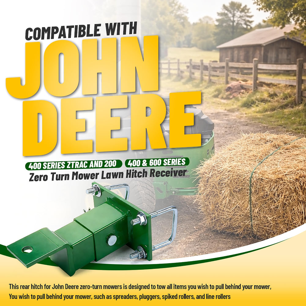 HECASA John Deere ZTrak compatible hitch demonstrates seamless mower compatibility.