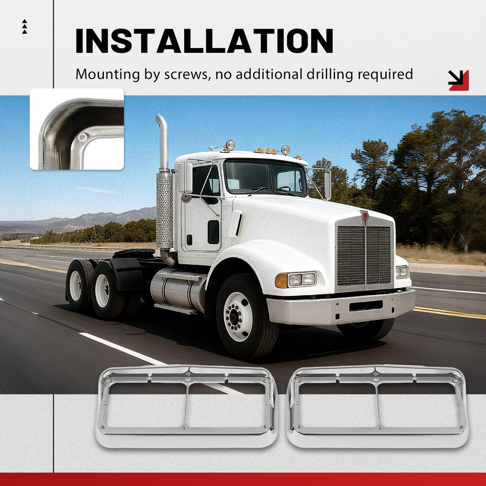 HECASA visor bezel for Kenworth T800 enhances front-end appearance while guarding 4x6 lamps