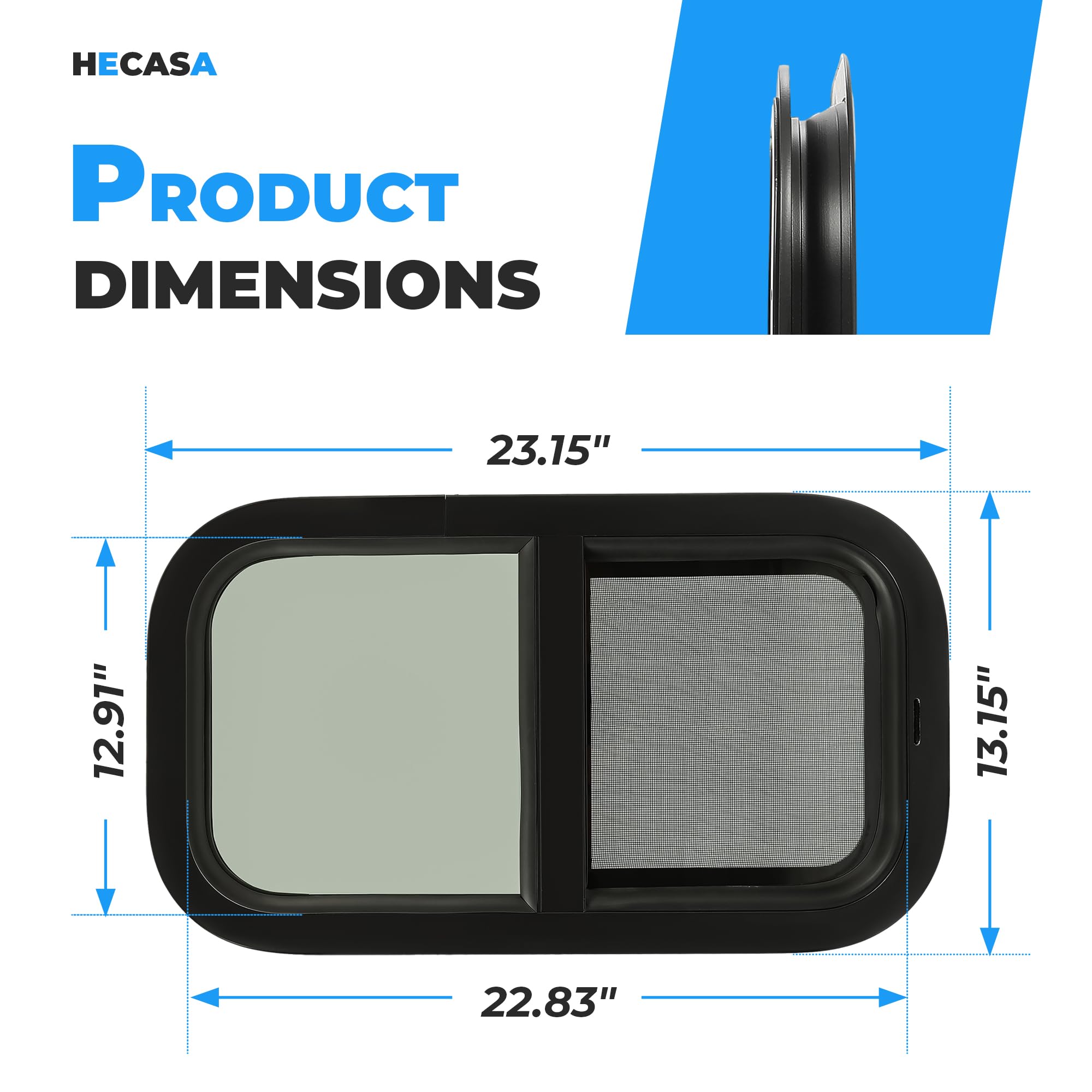 HECASA RV window 12x22 steel trim emphasizes rust-resistant durability