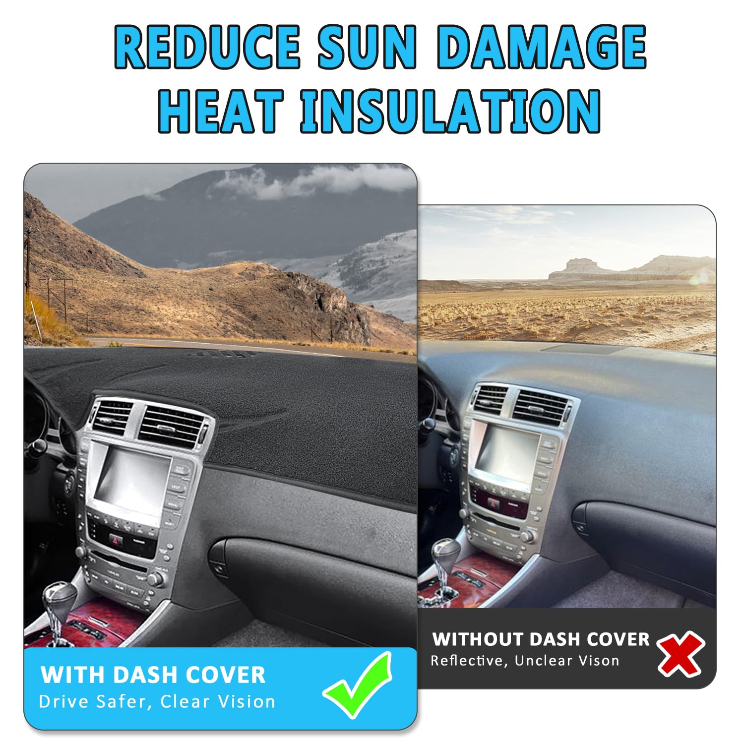 HEDAQI anti-glare dash cover reduces reflections for Lexus IS250/IS350 driving.