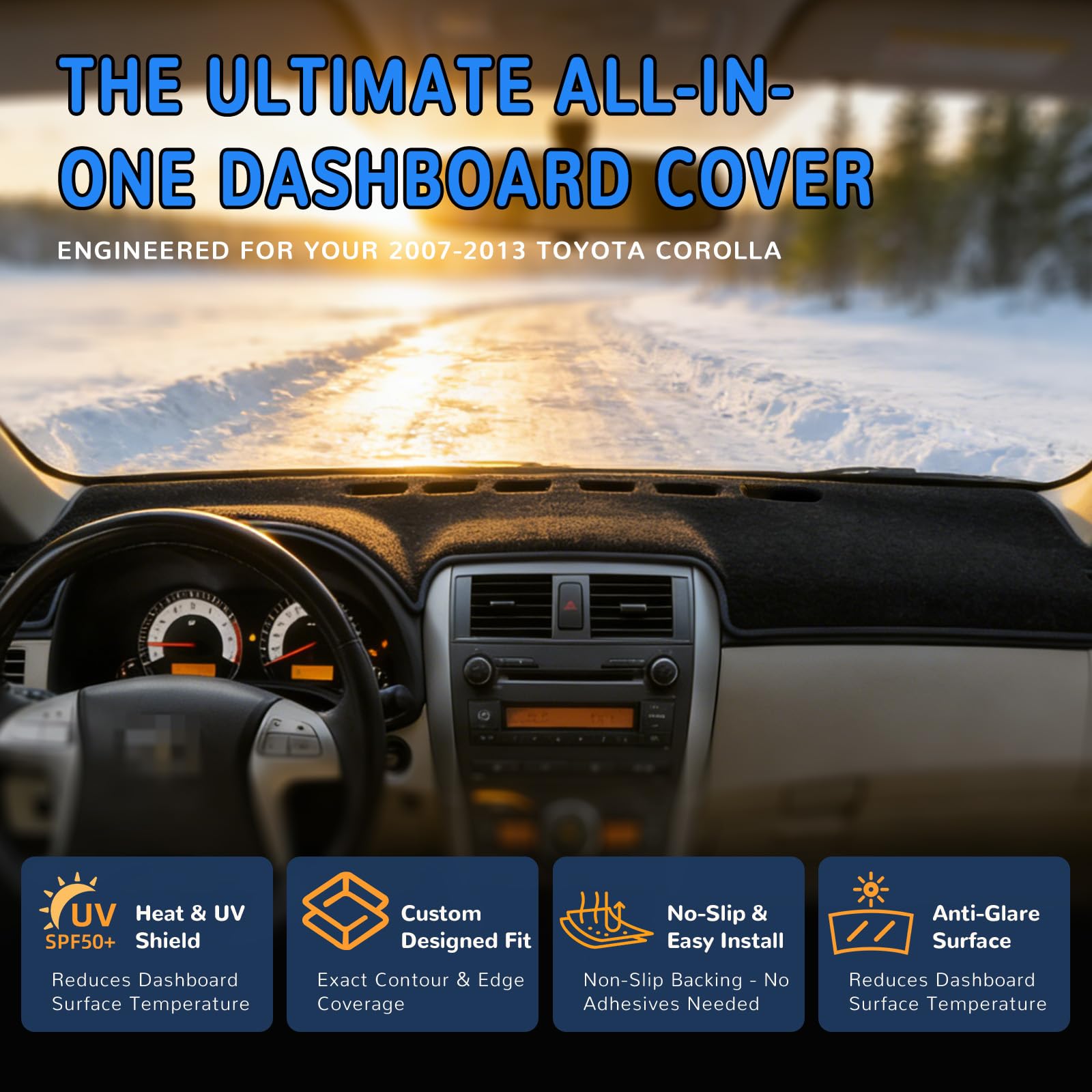 HEDAQI dash cover uses dual-anchor grip system for a secure, wrinkle-free fit.