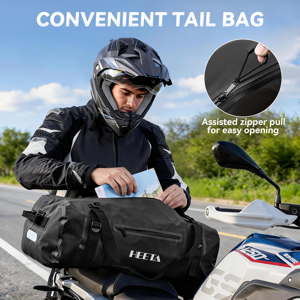 HEETA 70L bag mounted on motorcycle for secure, fast setup