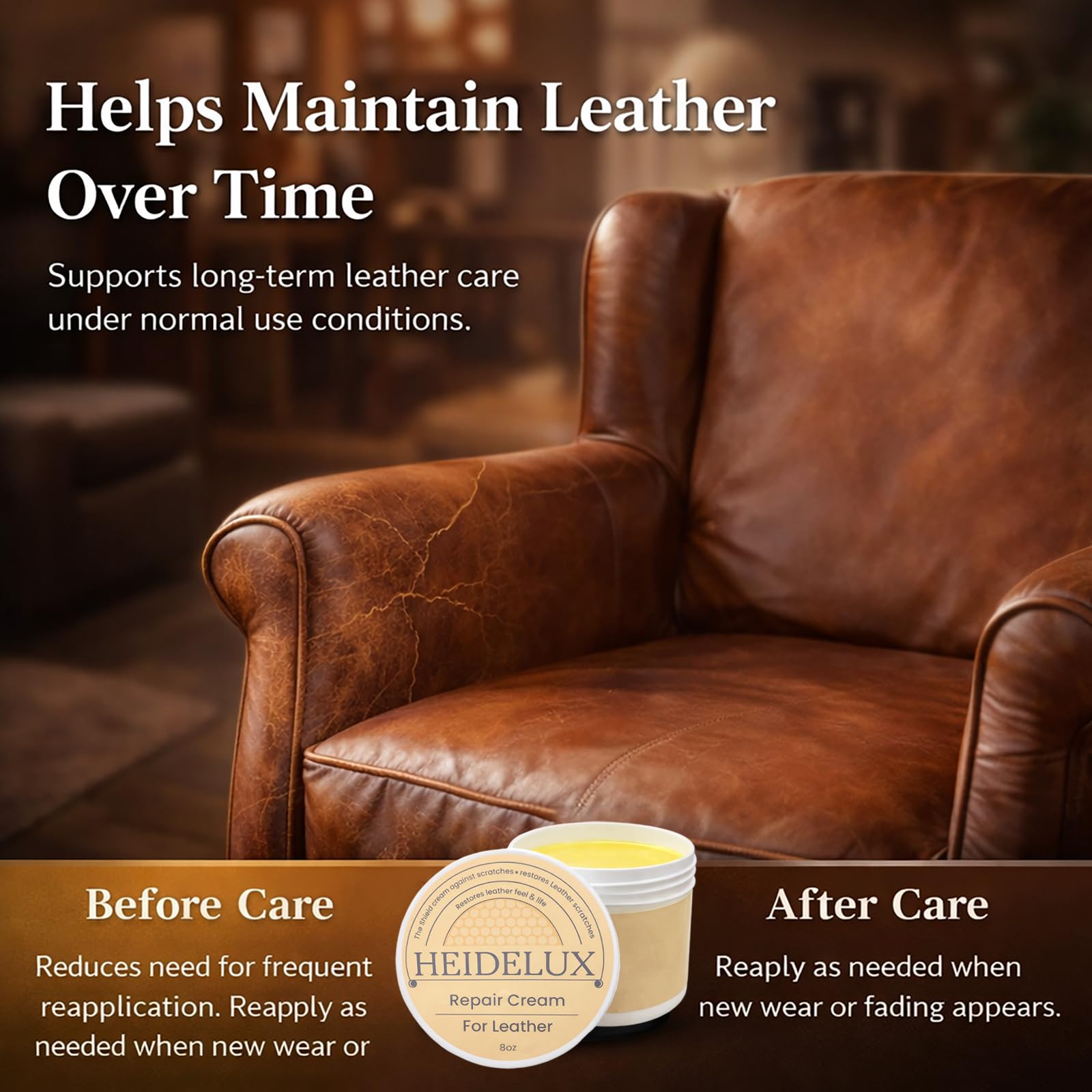 HEIDELUX Leather Restore Cream on a surface prepared for conditioning.