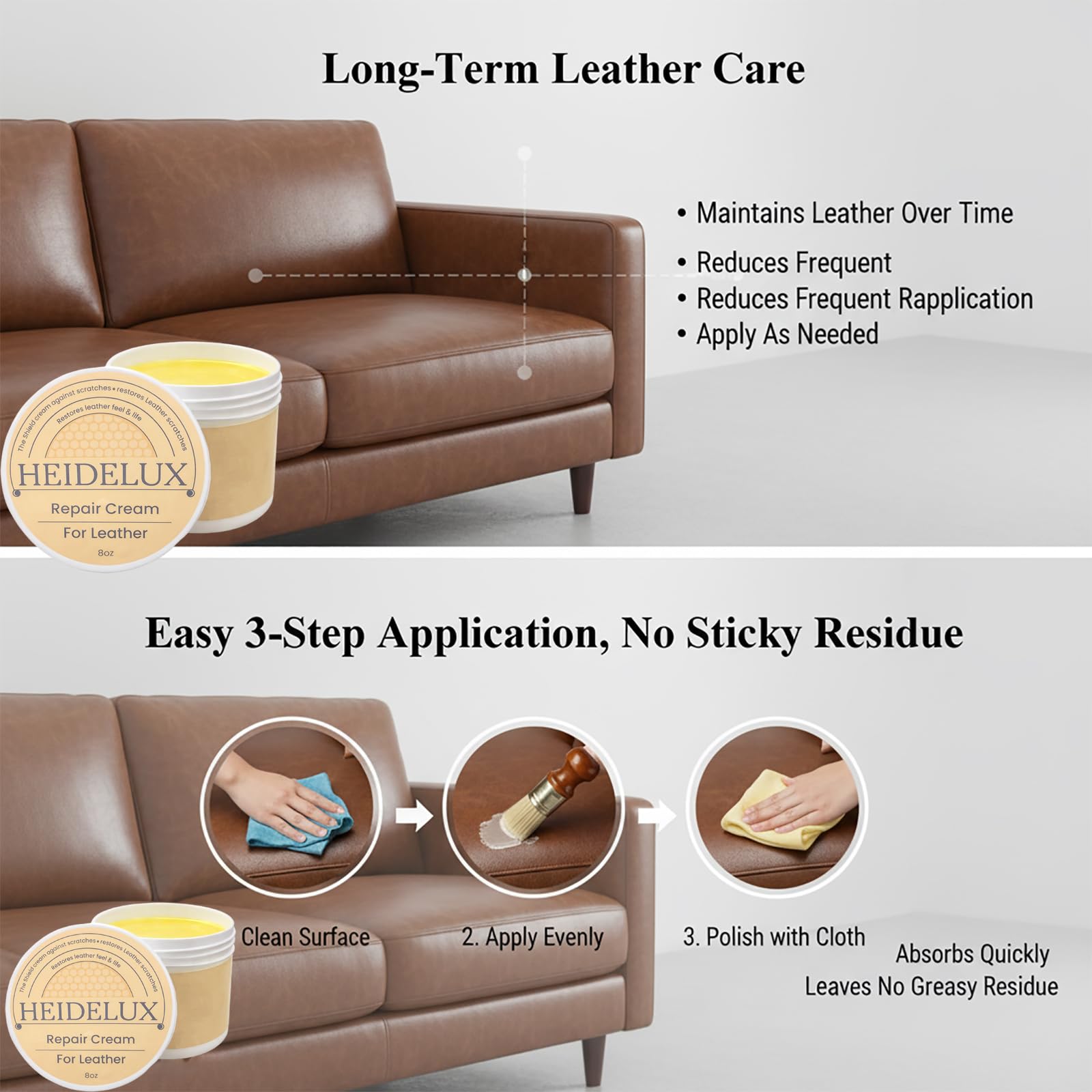 HEIDELUX Leather Restore Cream revitalizes a couch armrest with renewed color.