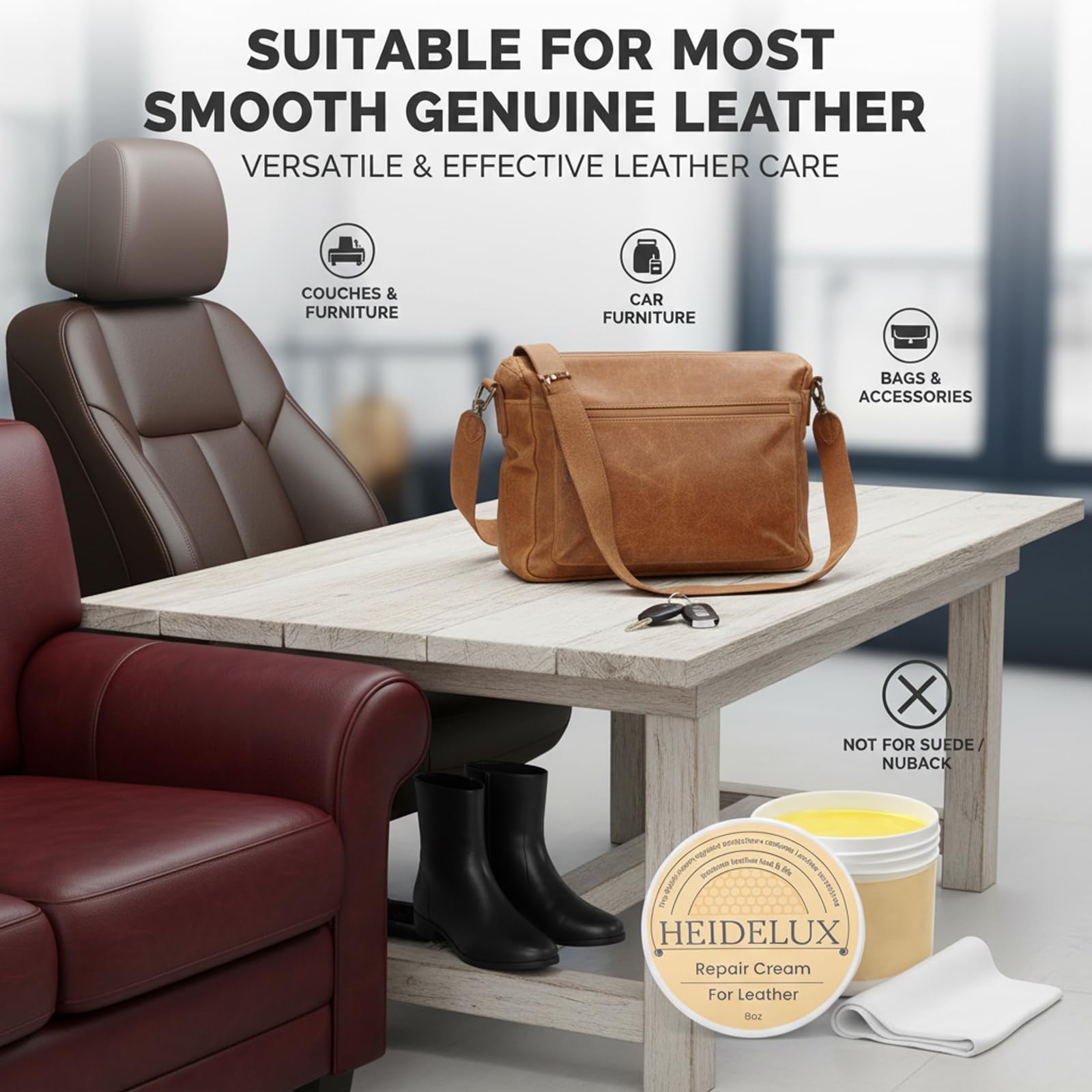 HEIDELUX Leather Restore Cream delivers a smooth, refreshed finish.