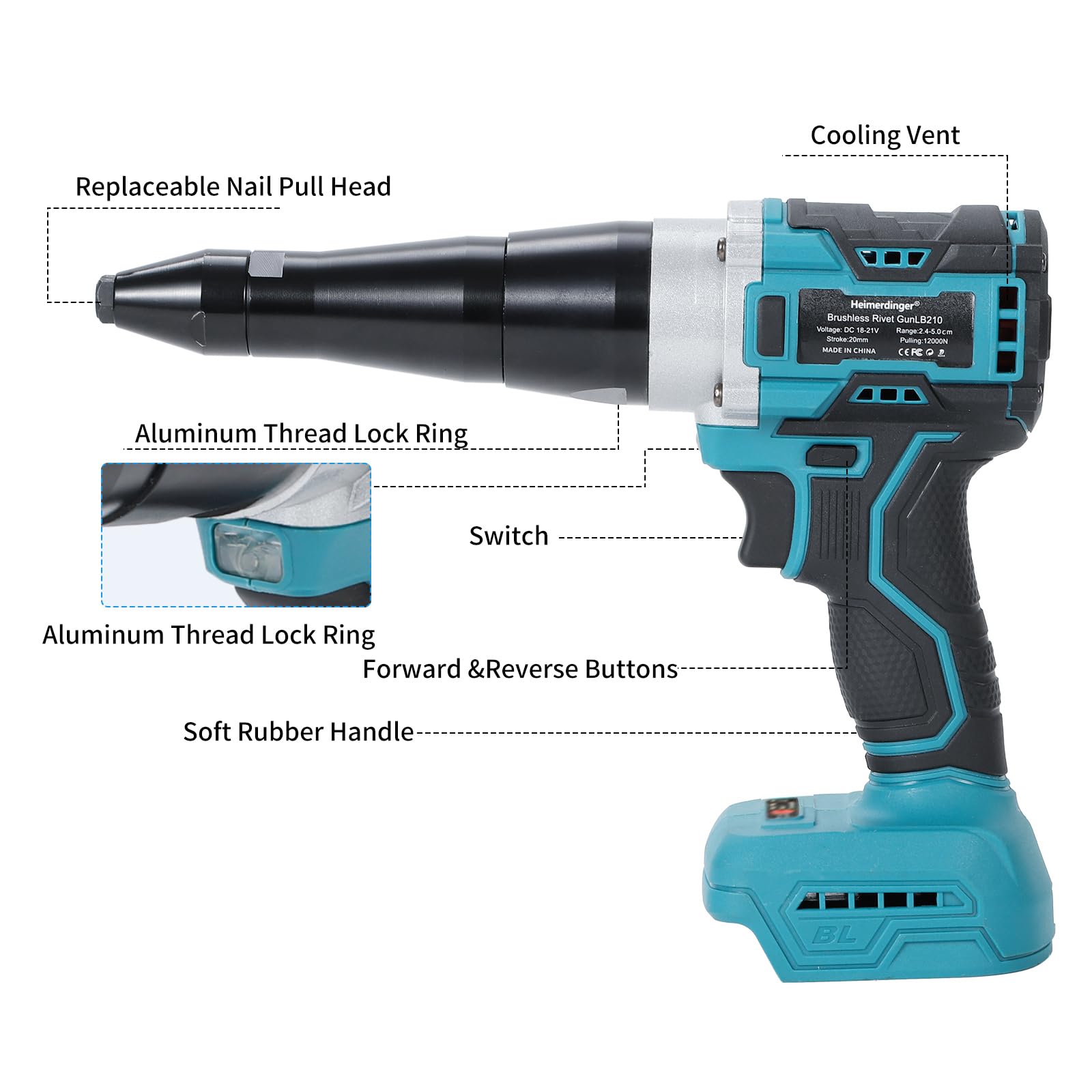 Heimerdinger rivet gun with LED light illuminating dim spaces for precision