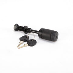 Heininger lock in receiver close-up demonstrates compatibility with 2x2 hitch receivers.