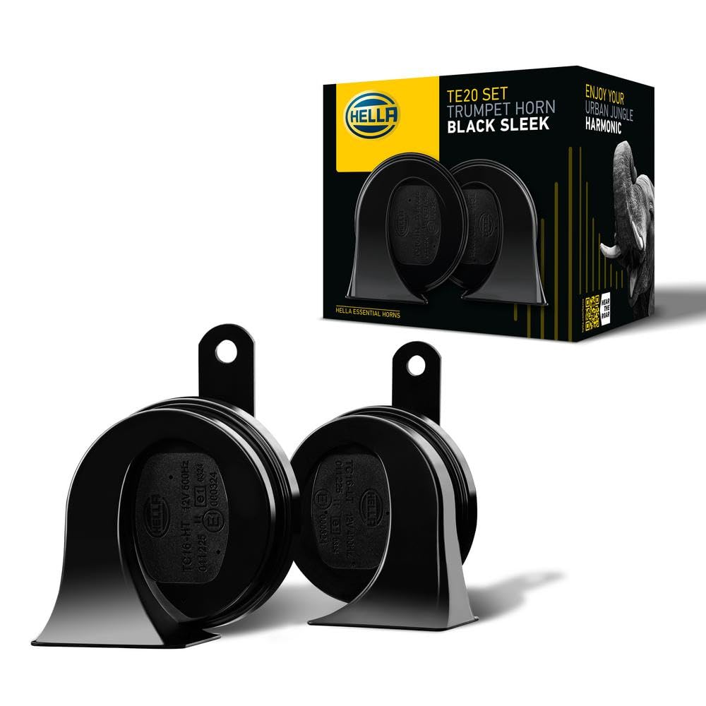 HELLA 011225831 trumpet horn kit with bracket, durable mounting for universal fit and reliable signaling.