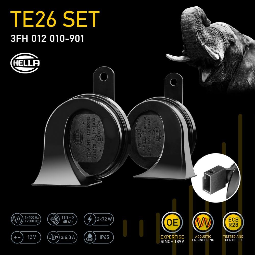 Installed on car, Hella BX trumpet horn kit delivers reliable sound.
