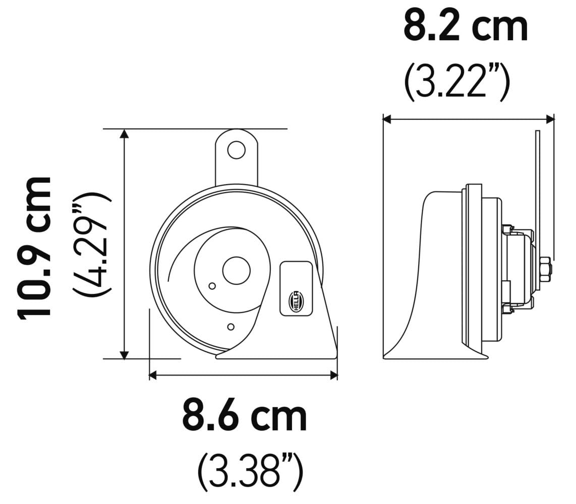Mounting bracket on Hella BX trumpet horn kit enables quick installation.