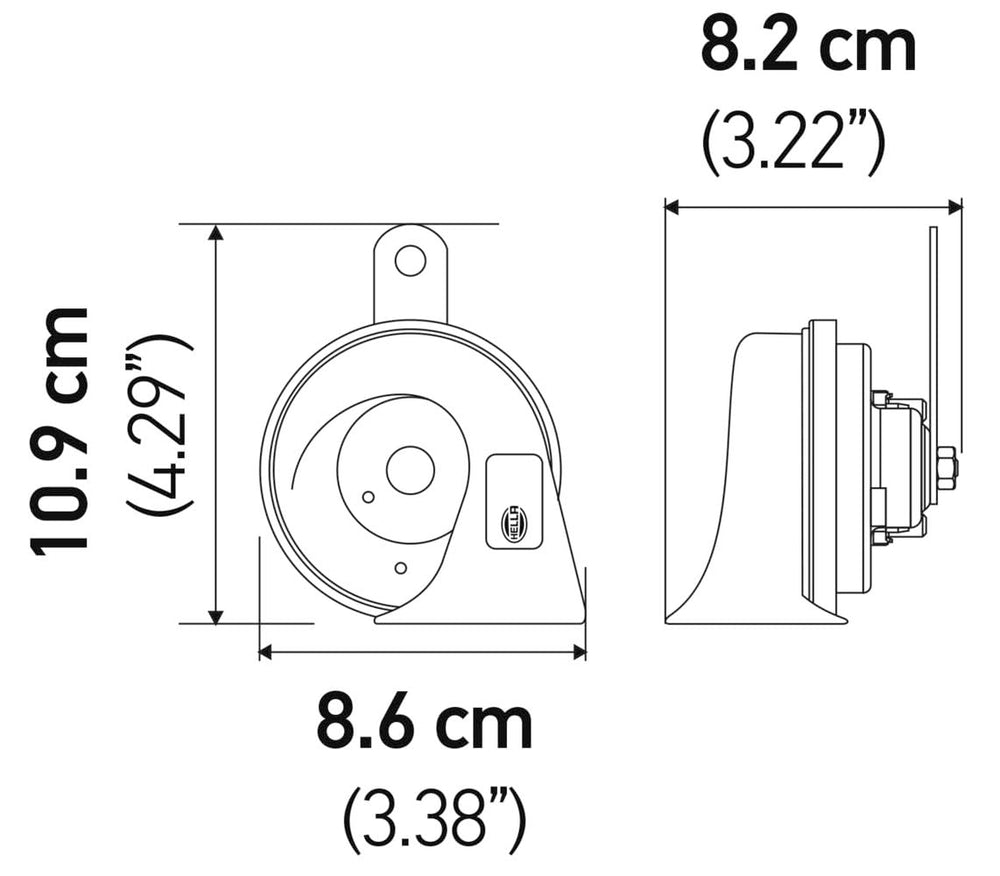 Mounting bracket on Hella BX trumpet horn kit enables quick installation.