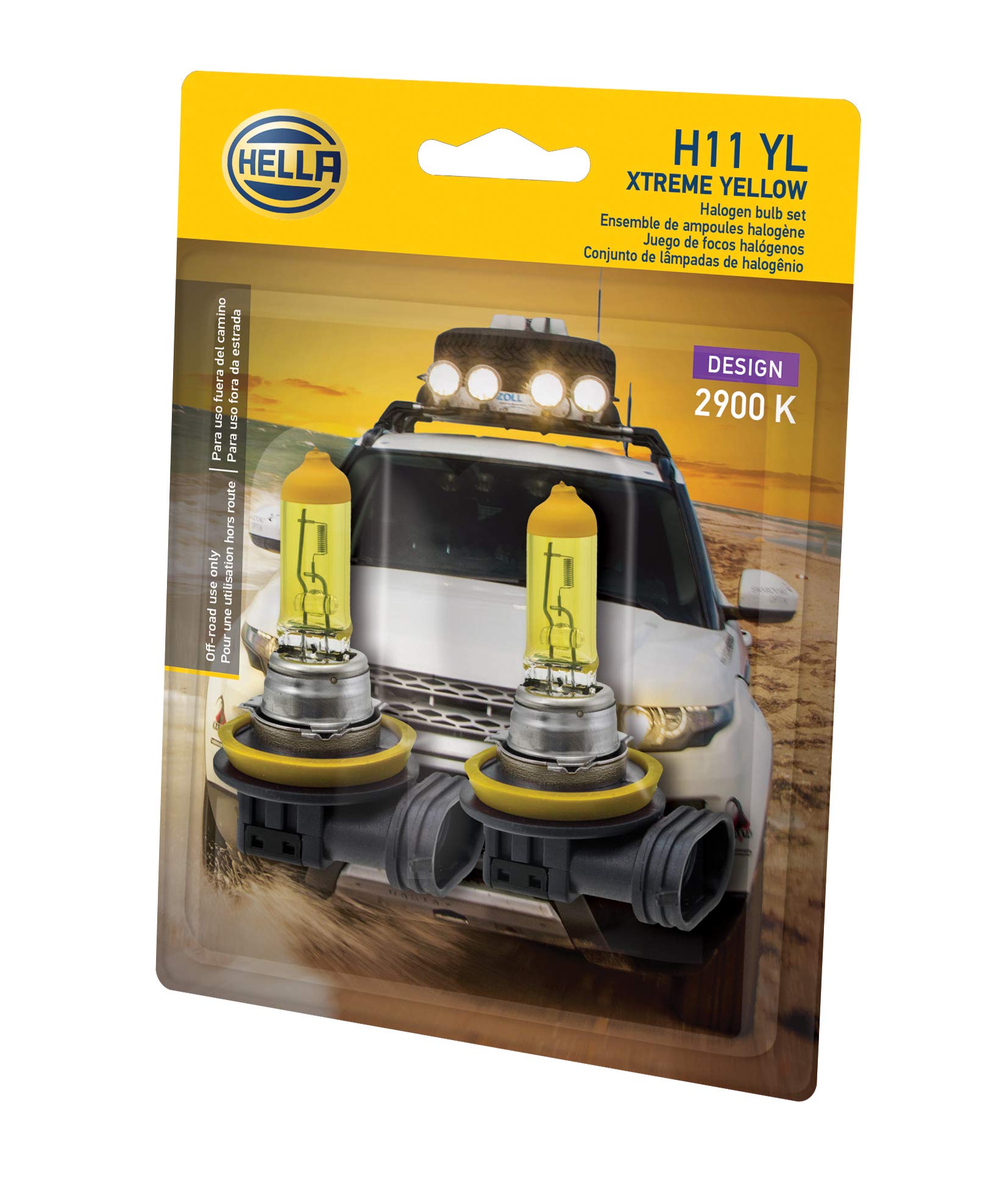 HELLA H11 YL crisp yellow light improves visibility for rural and off-road drives.