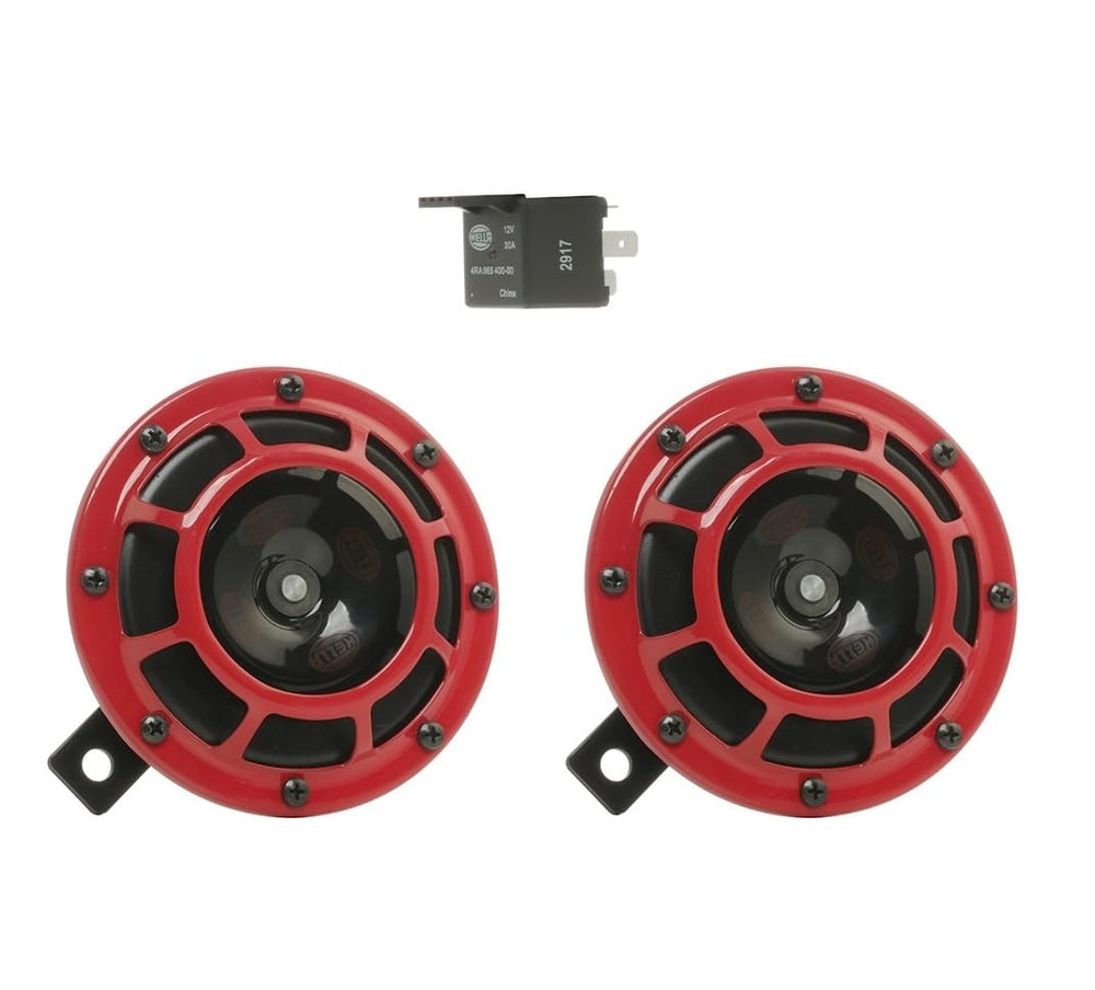 Hella Stark Sound horn front view with bold red housing for clear signaling