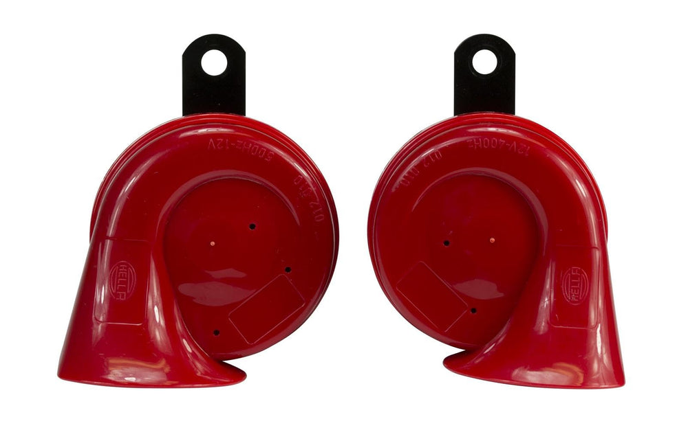 HELLA twin trumpet horn kit red front view emphasizes bold, urban-safety design