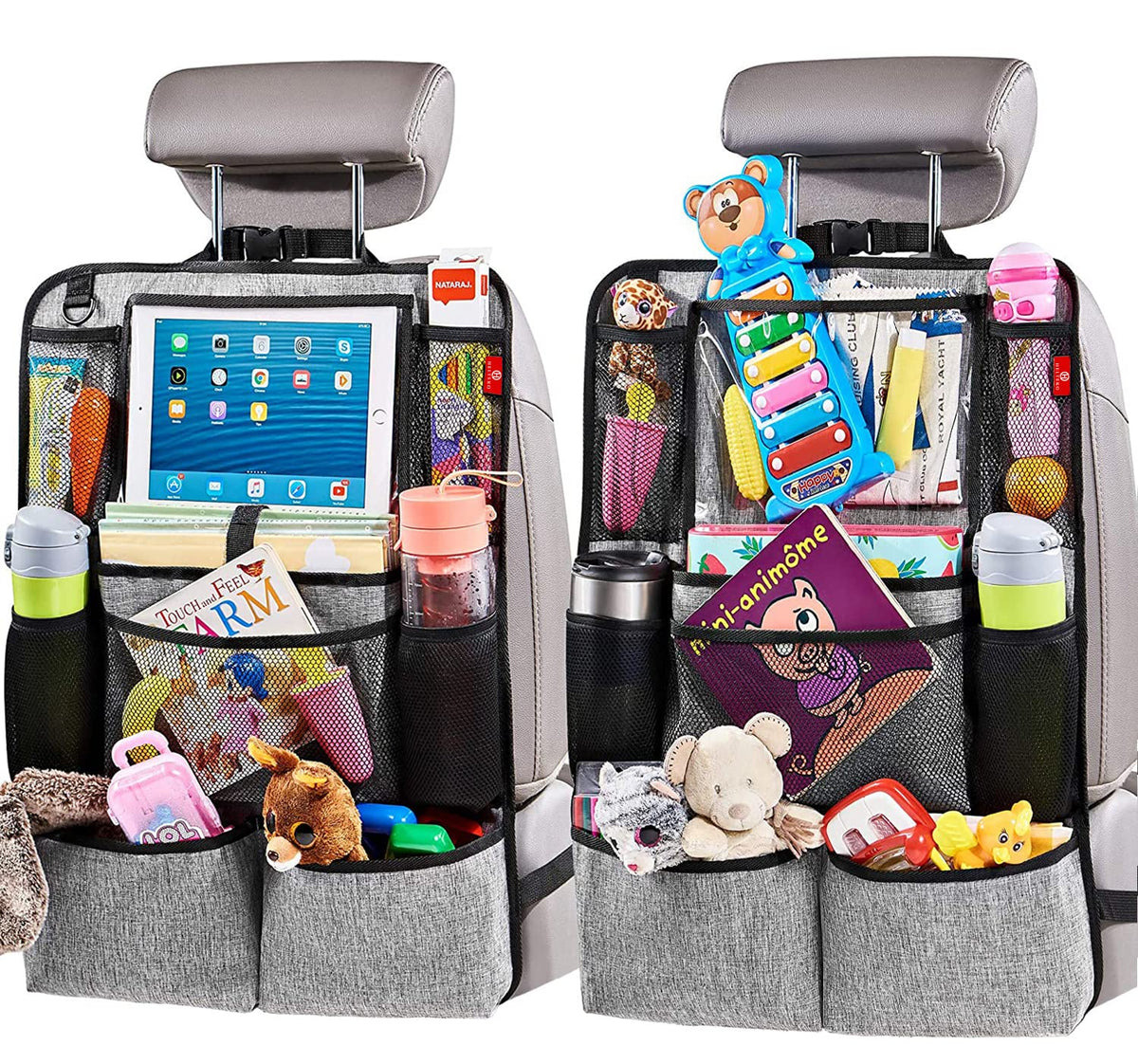 Helteko backseat organizer with 9 pockets keeps car essentials within reach.