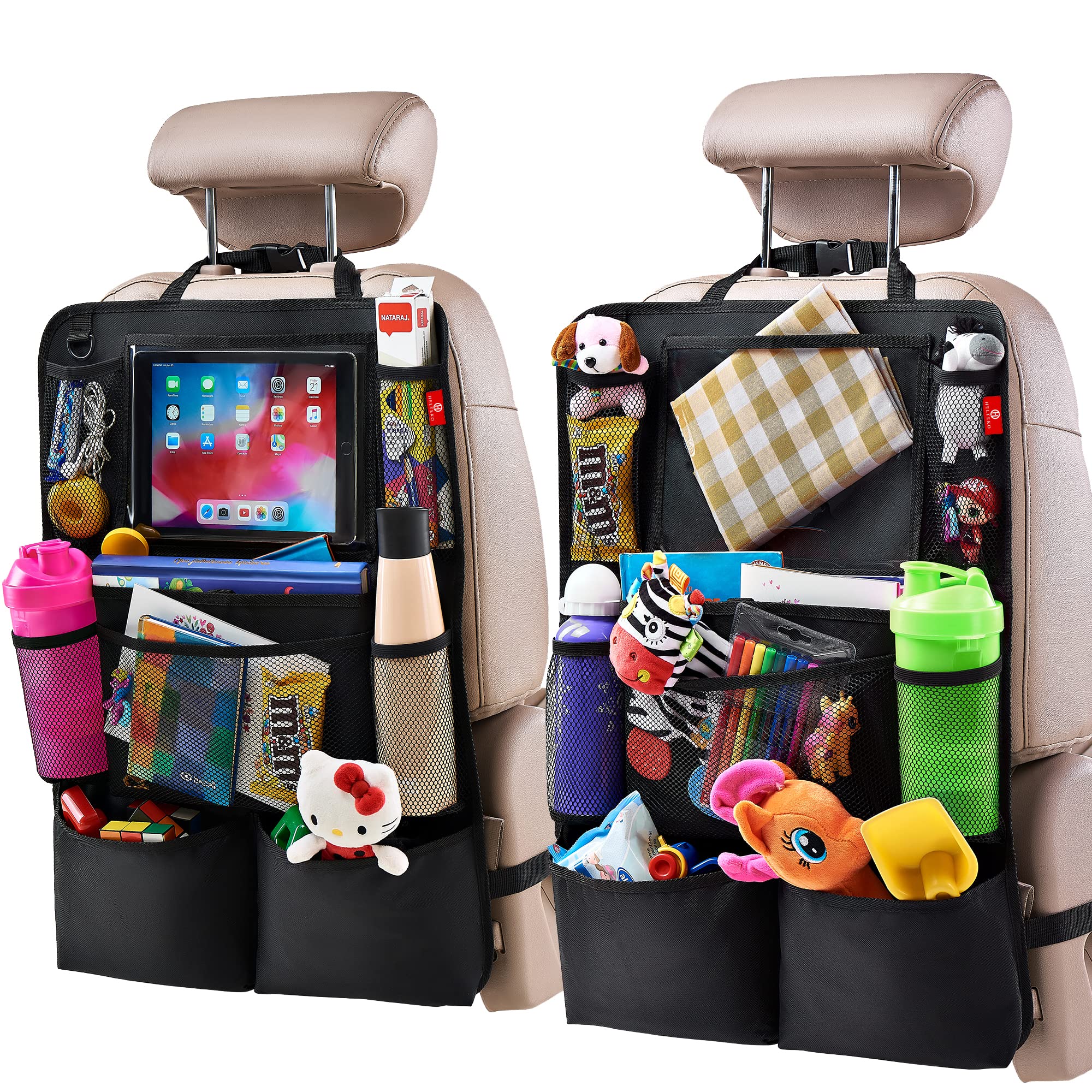 Helteko backseat organizer with nine pockets keeps kid essentials neatly organized on the road.