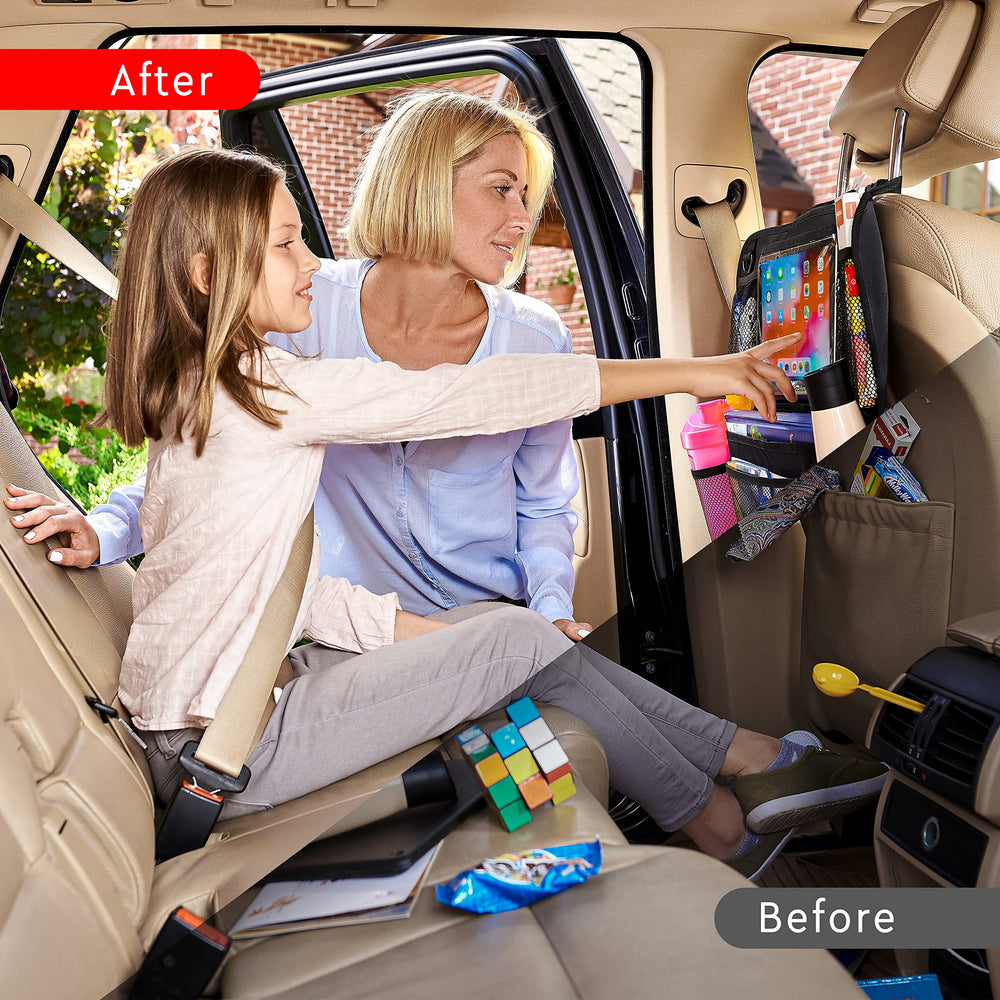 Helteko backseat organizer featuring 9 pockets for bottles, toys, and cords.