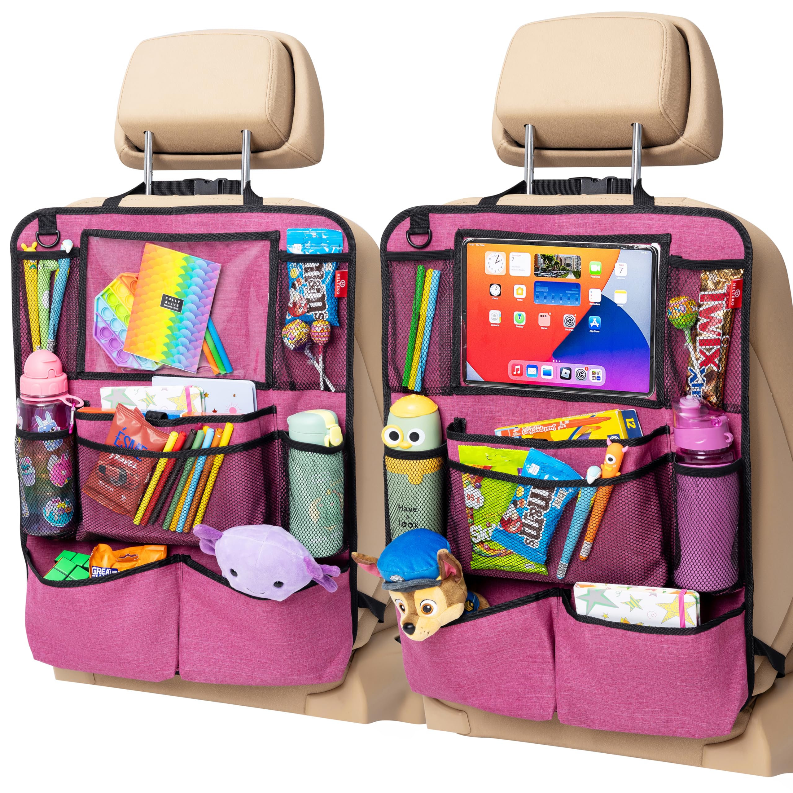 Helteko backseat organizer with 9 pockets keeps essentials within reach on family trips.