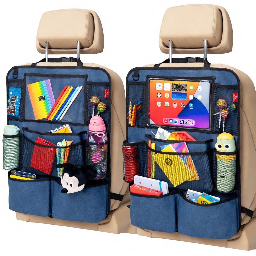 Helteko backseat organizer front view with roomy pockets for snacks and toys.