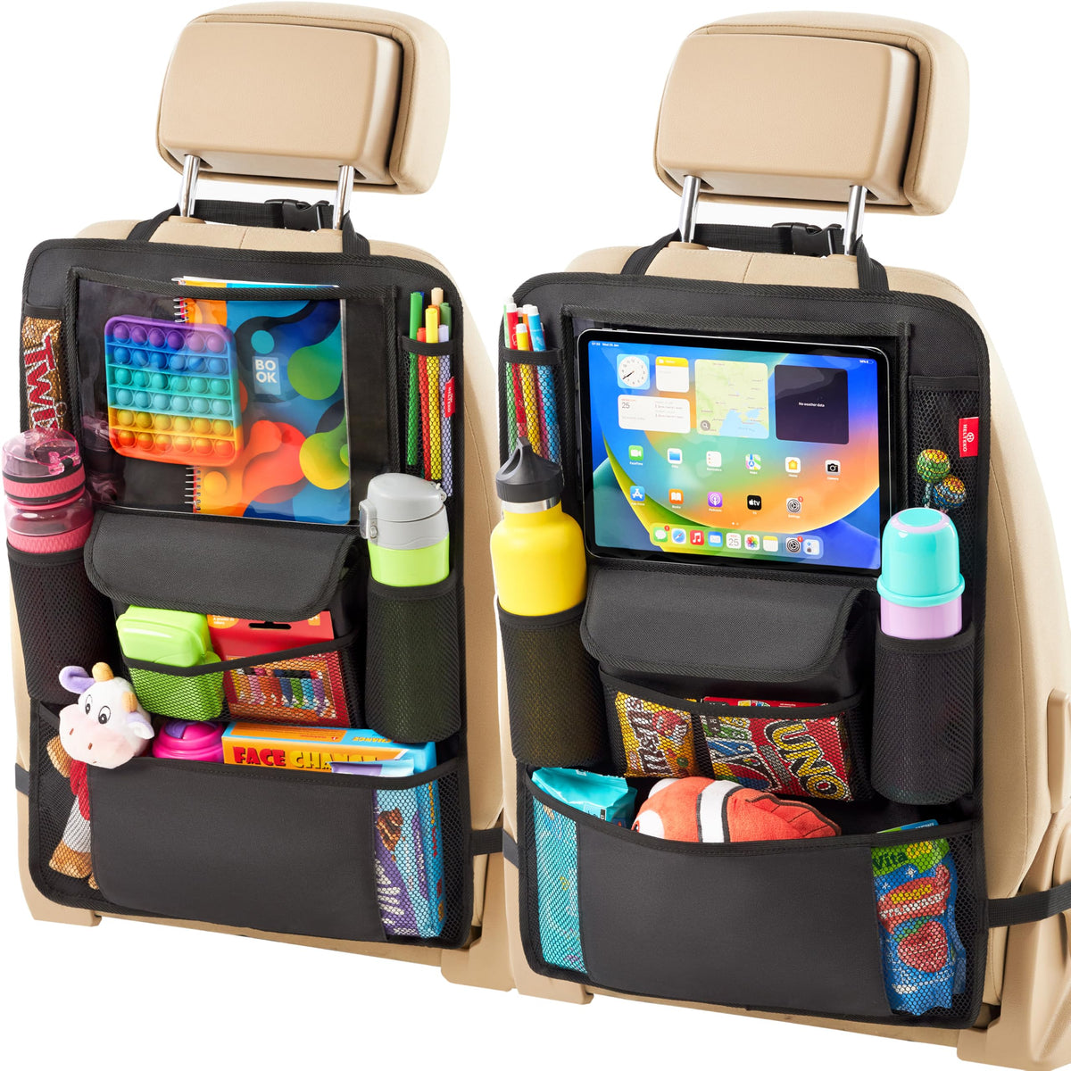 Helteko car seat organizer back view keeps car neat and kids organized.