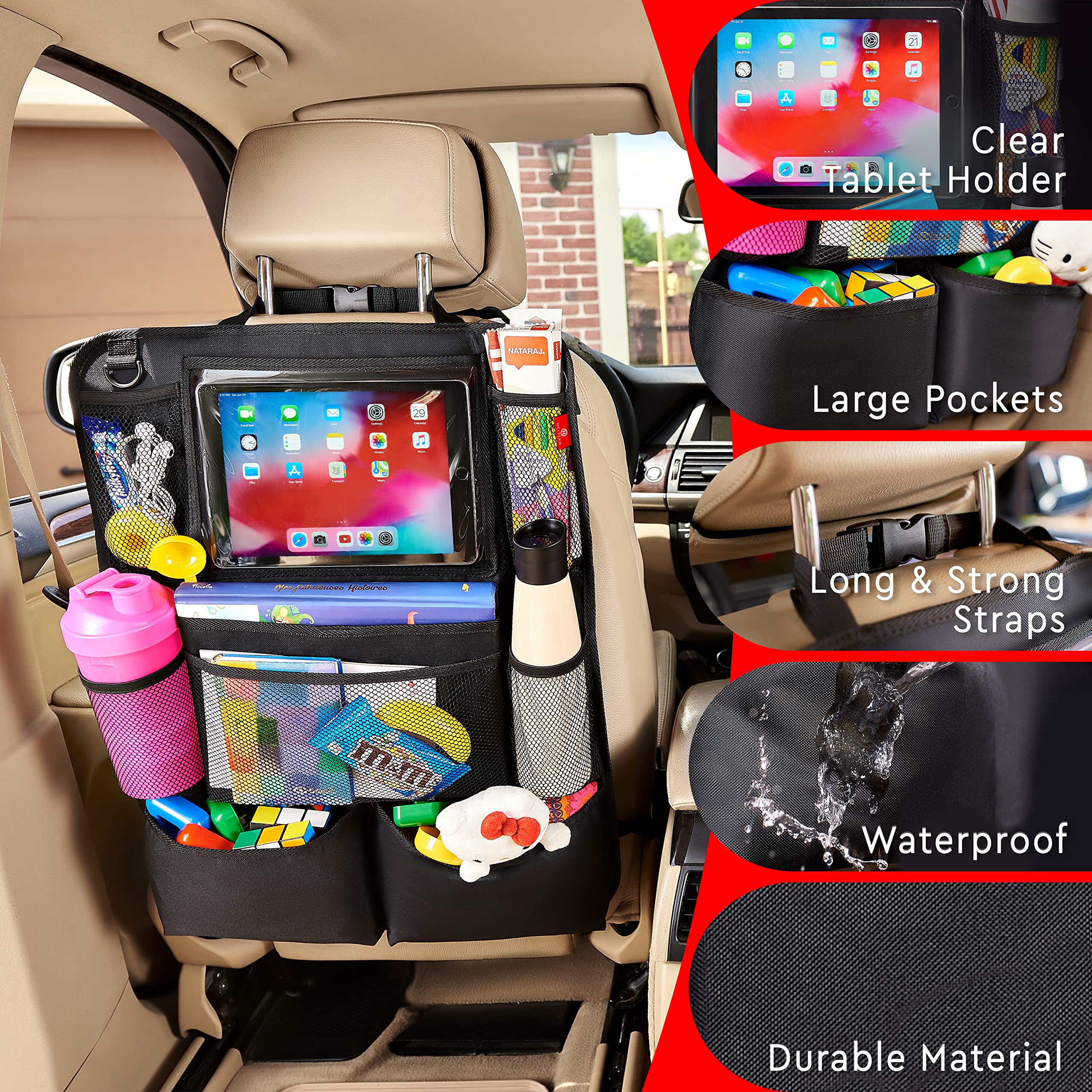 Clear tablet holder helps keep tablets visible and safe during trips.
