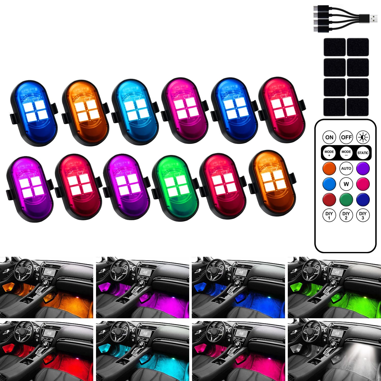 Hemei9319 upgraded wireless car interior LED light with remote control for color customization.