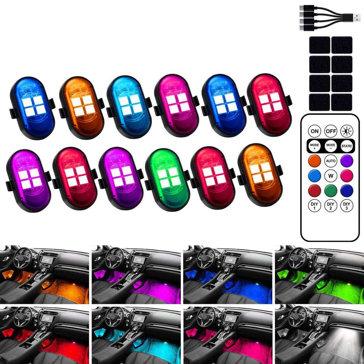 Hemei9319 upgraded wireless car interior LED light with remote control for color customization.
