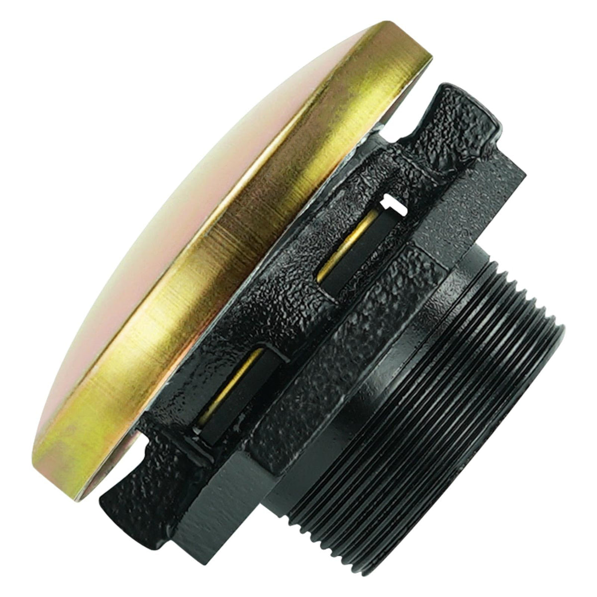 Hemrunk transfer tank vented cap with iron base in gold for diesel tanks, showing secure fit