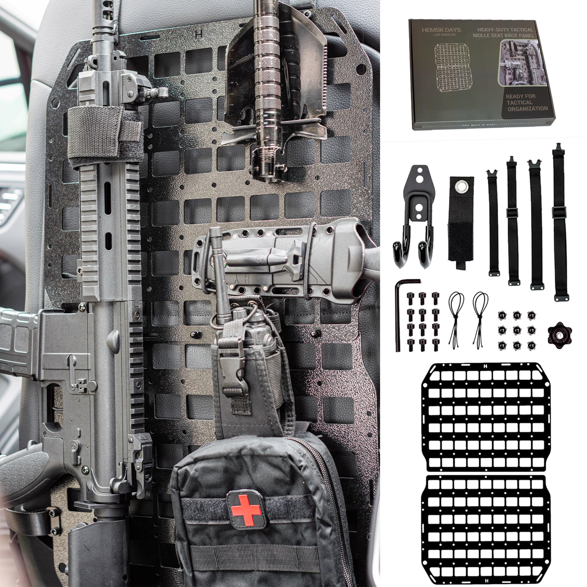 HEMSK DAYS MOLLE panel installed on vehicle seat back for organized gear
