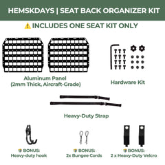 HEMSK DAYS seat-back panel with Velcro straps securing gear
