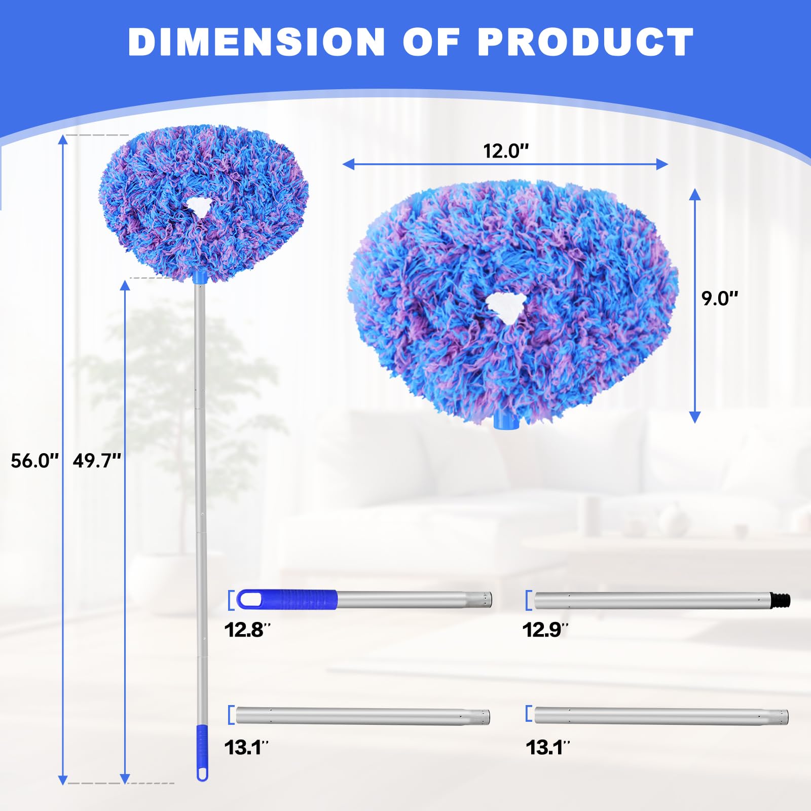 Heonay extension pole allows cleaning fans, blinds, and shelves without ladders.