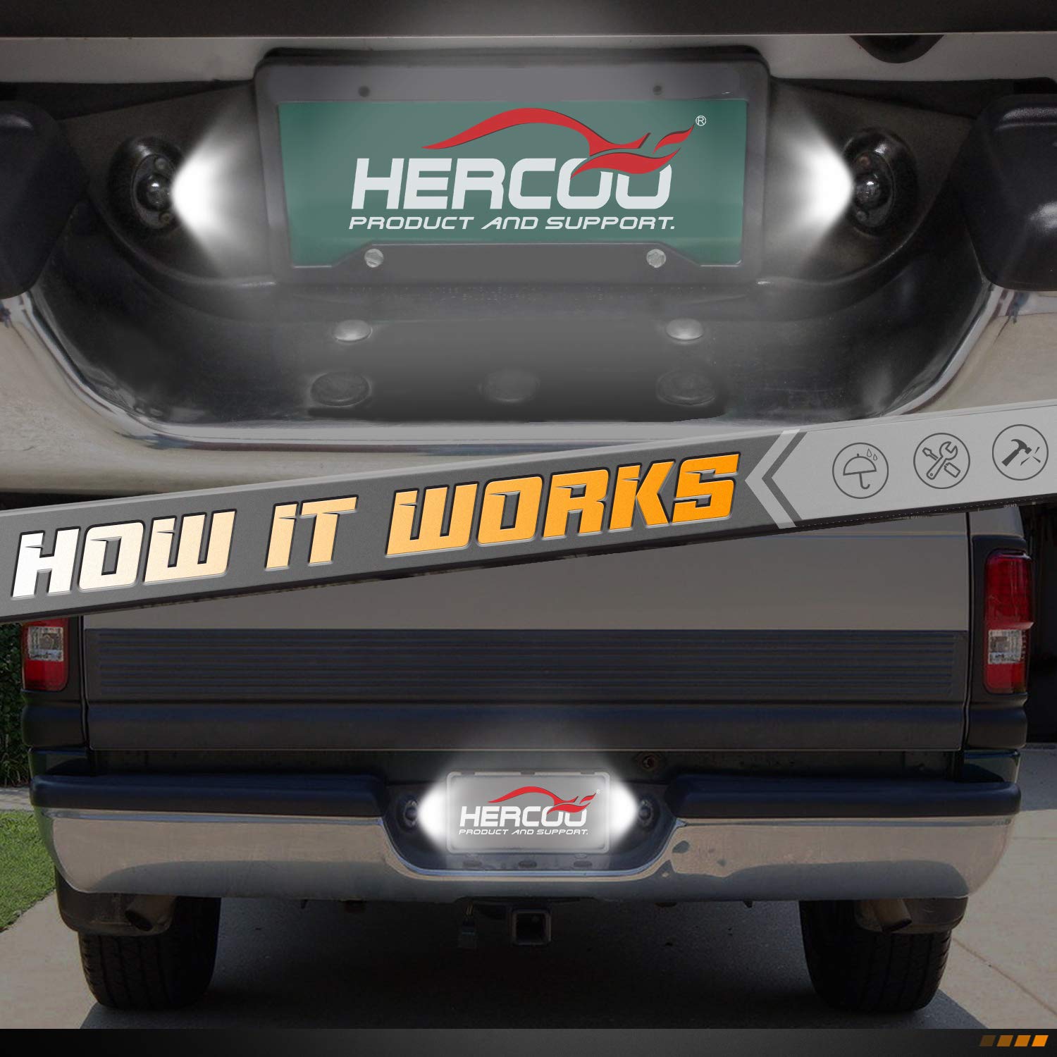 HERCOO IP68 waterproof license plate light withstands rain and dust.