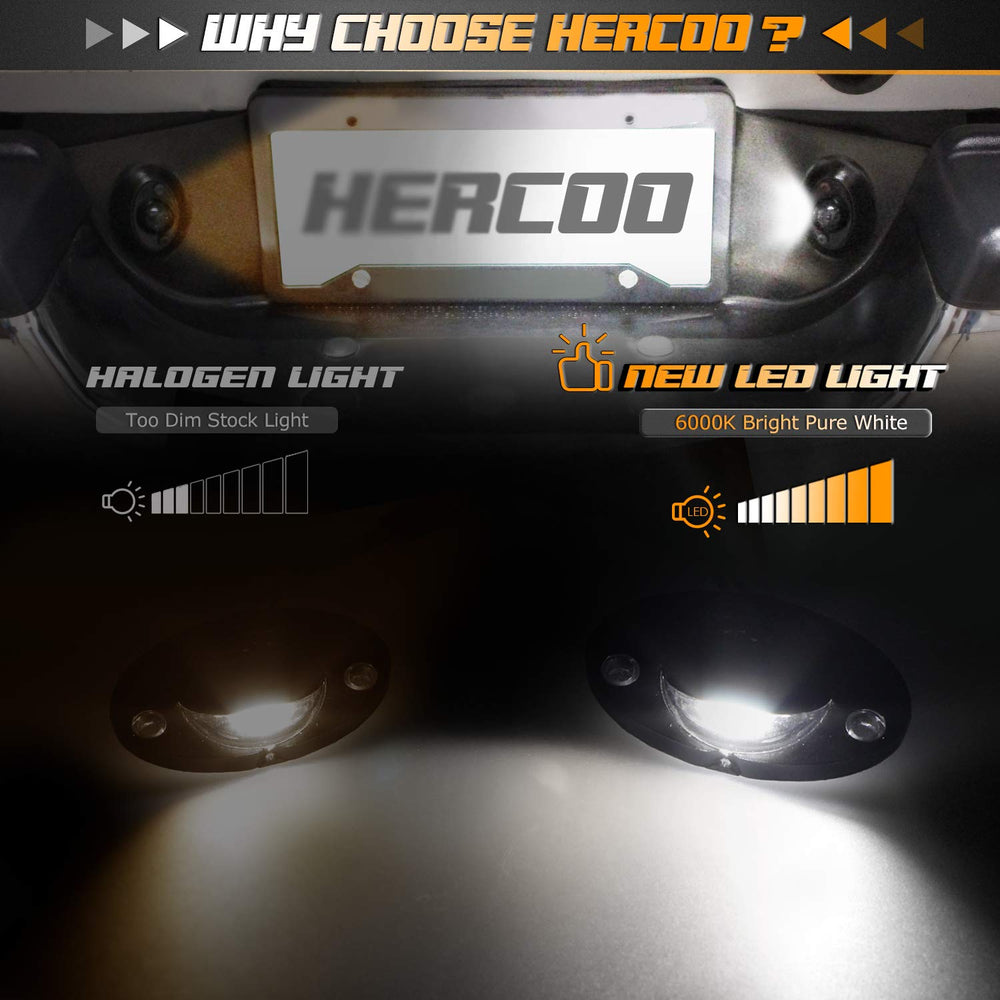 HERCOO LED license plate light black housing resists weathering and corrosion.