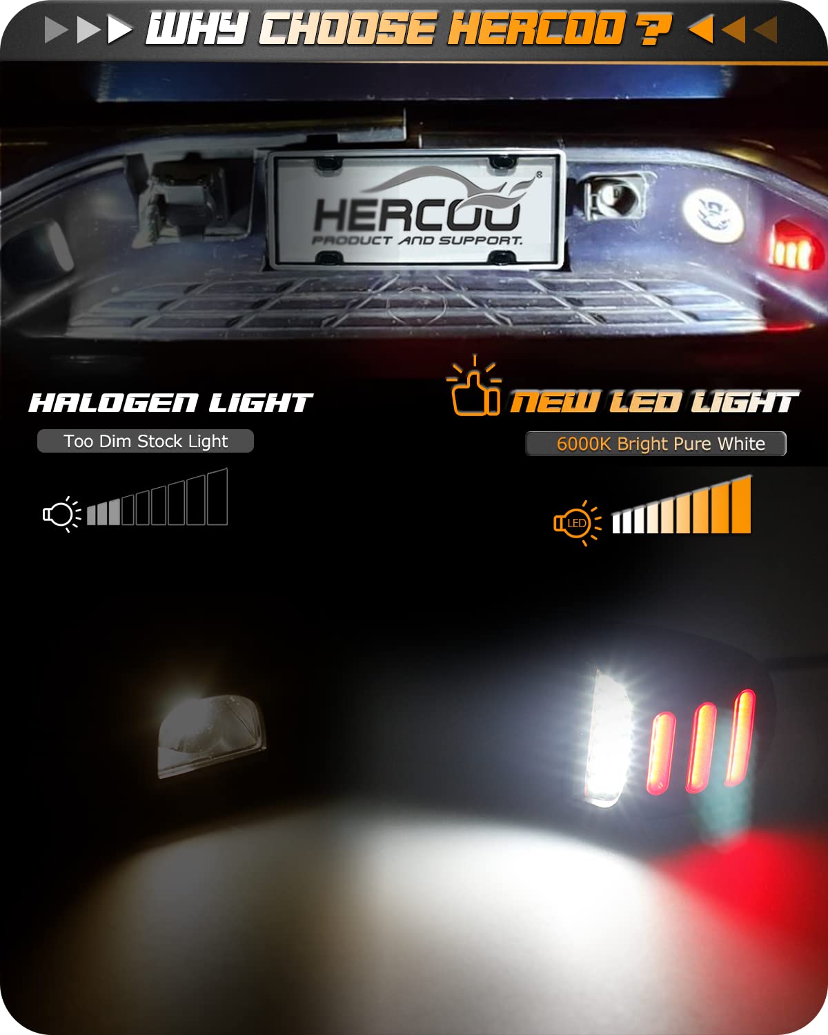 HERCOO license plate light with red OLED neon tube improves rear illumination on GMC Yukon XL.