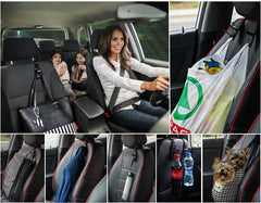 Side view shows sturdy nylon strap protecting leather seats