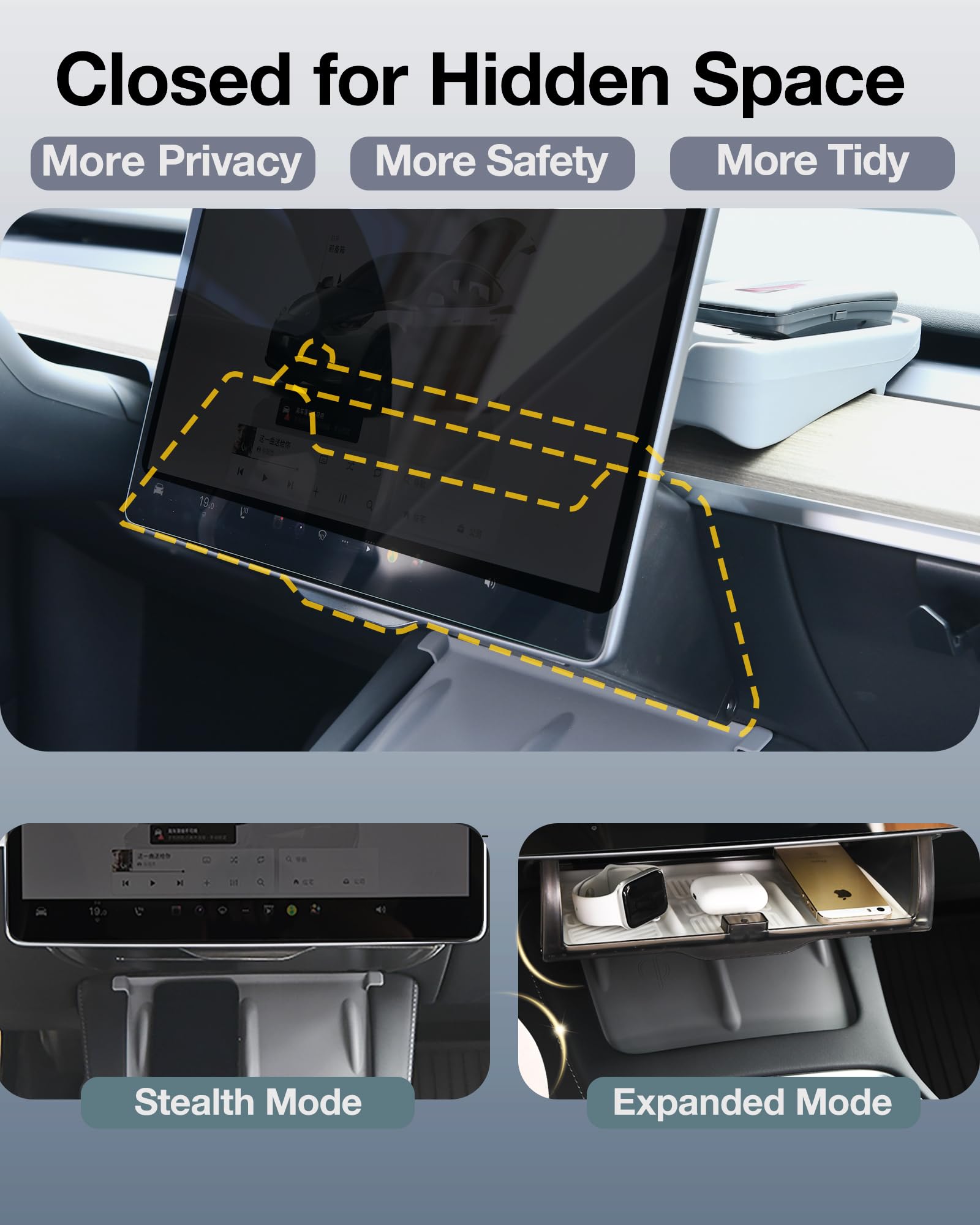 Heryvii Tesla under-screen storage invisible when closed for clean dash