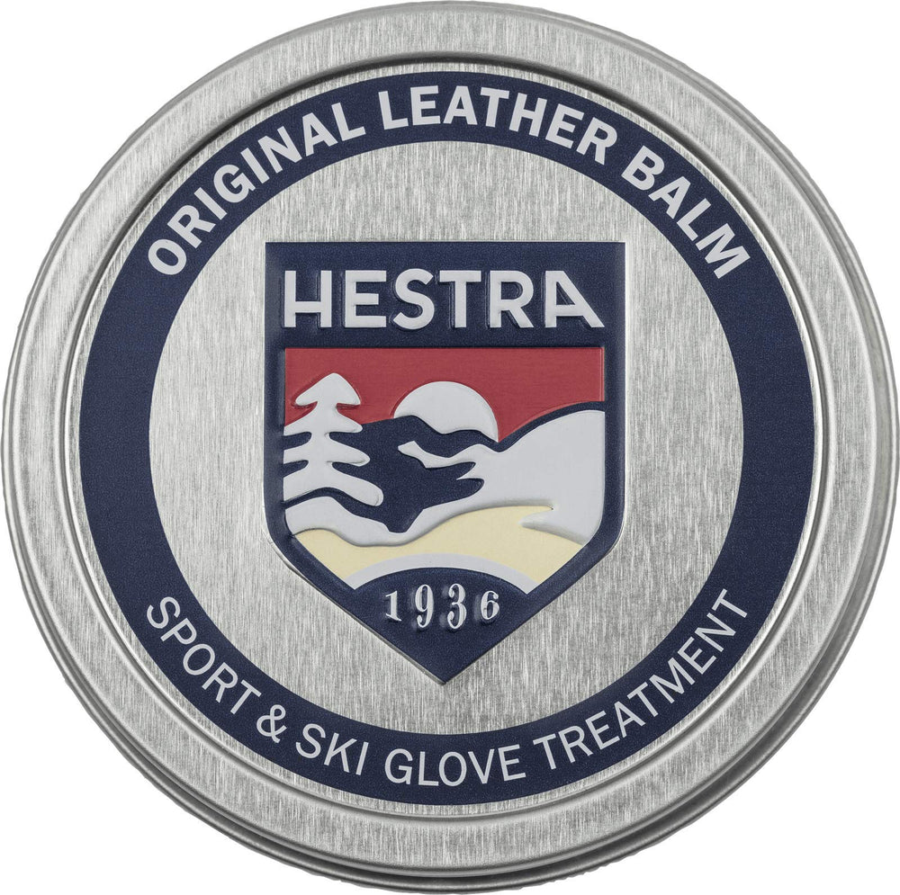 Hestra Leather Balm tin close-up, showing natural conditioning for leather